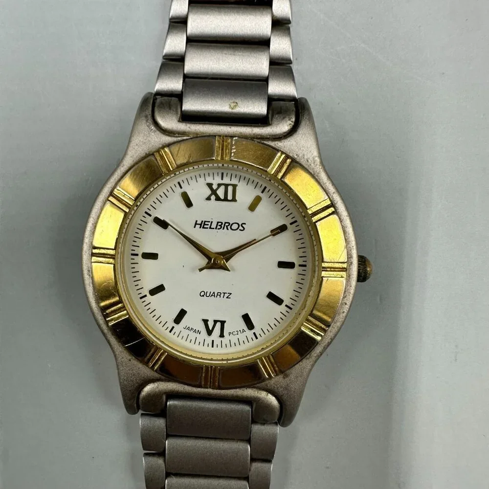 Vintage Helbros Watch Men Silver Gold Two Tone White Dial New Battery 8.5 Inch